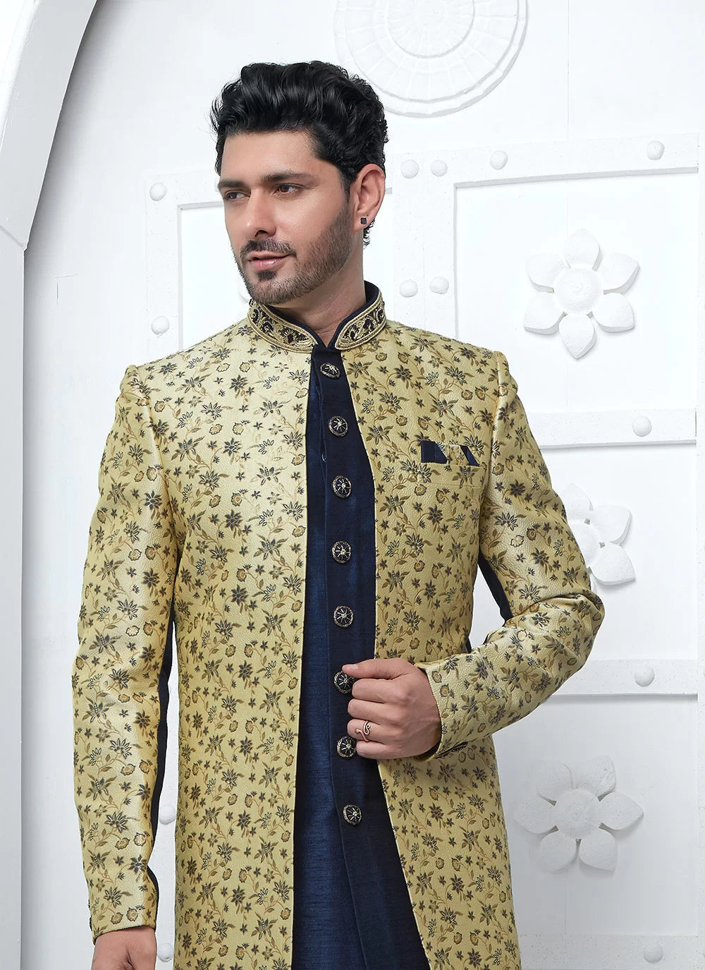 Raivat Ethnic Mens Jacquard Silk Embroidery Indo Western In Beige Blue Colour | Grocsy