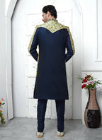 Raivat Ethnic Mens Jacquard Silk Embroidery Indo Western In Beige Blue Colour | Grocsy