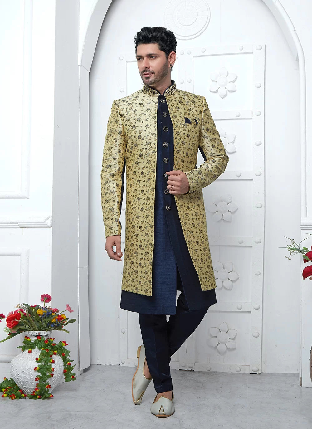 Raivat Ethnic Mens Jacquard Silk Embroidery Indo Western In Beige Blue Colour | Grocsy