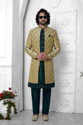 Raivat Ethnic Mens Jacquard Silk Embroidery Indo Western In Beige Green Colour | Grocsy