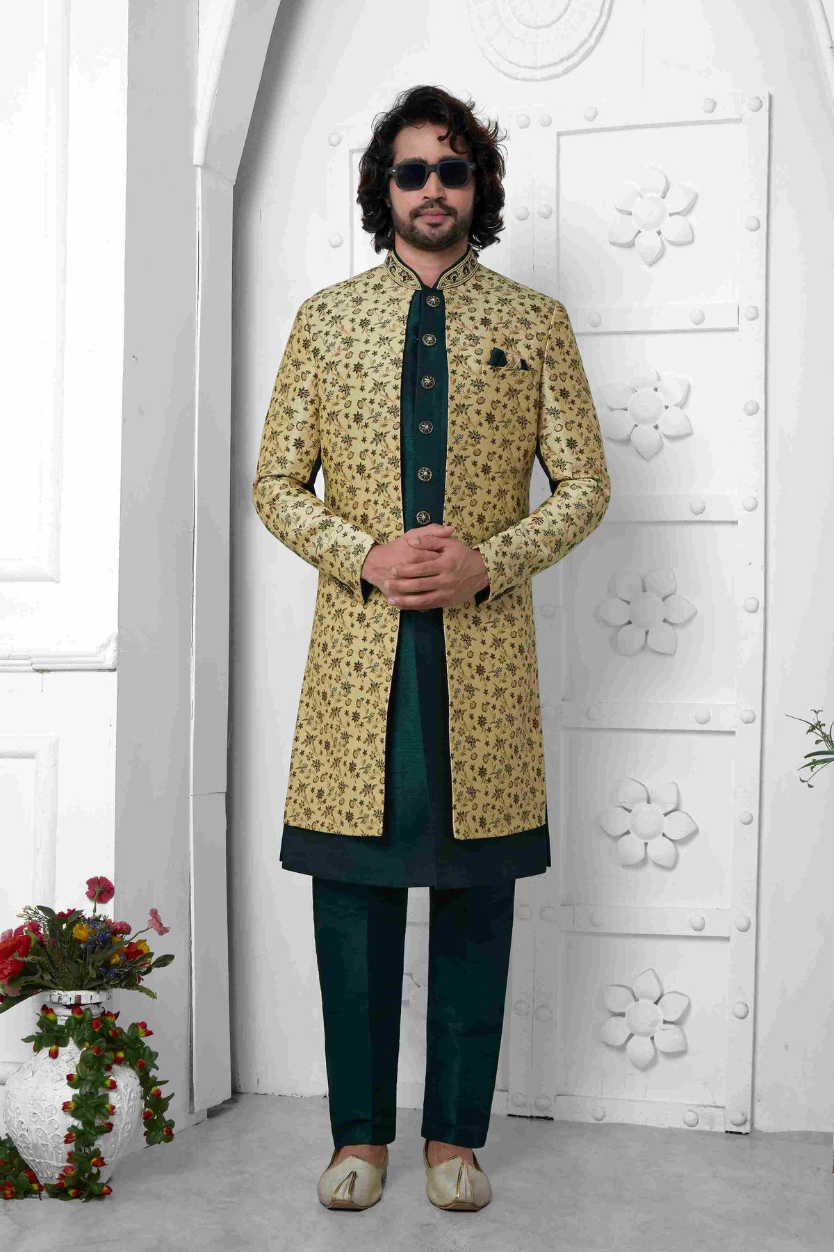 Raivat Ethnic Mens Jacquard Silk Embroidery Indo Western In Beige Green Colour | Grocsy