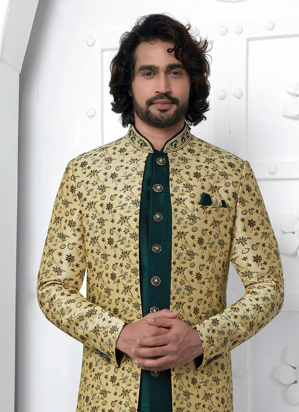 Raivat Ethnic Mens Jacquard Silk Embroidery Indo Western In Beige Green Colour | Grocsy