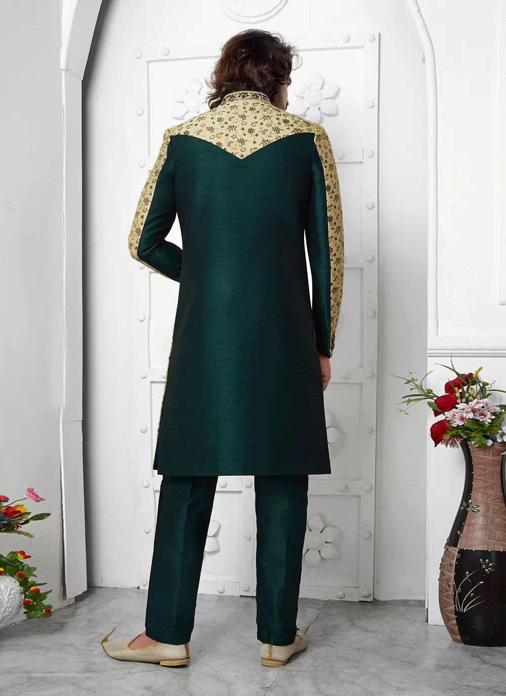 Raivat Ethnic Mens Jacquard Silk Embroidery Indo Western In Beige Green Colour | Grocsy