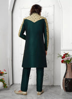 Raivat Ethnic Mens Jacquard Silk Embroidery Indo Western In Beige Green Colour | Grocsy
