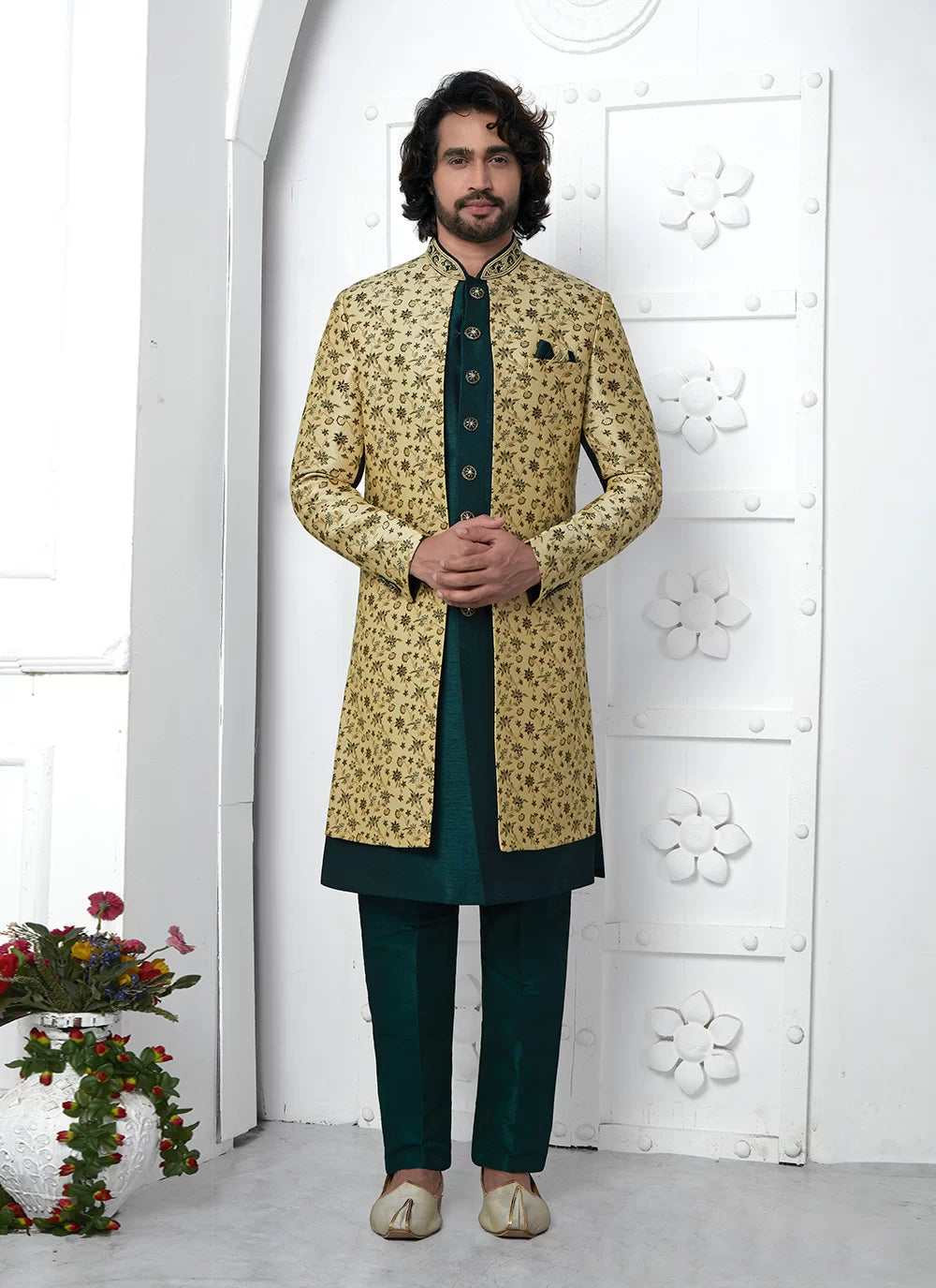 Raivat Ethnic Mens Jacquard Silk Embroidery Indo Western In Beige Green Colour | Grocsy
