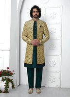 Raivat Ethnic Mens Jacquard Silk Embroidery Indo Western In Beige Green Colour | Grocsy
