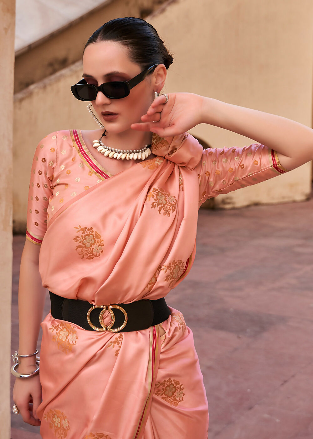 Coral Pink Pure Satin Zari Weaving Wedding Festive Saree - Emponline | Grocsy