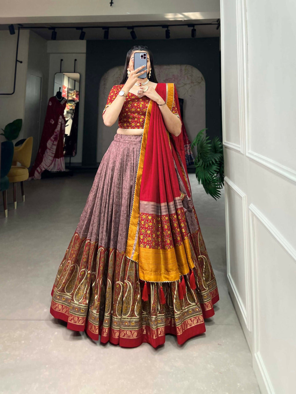 Vastranavya Kashmiri Print With Foil Print Lehenga with Unstitched Printed Blouse - Onion | Grocsy