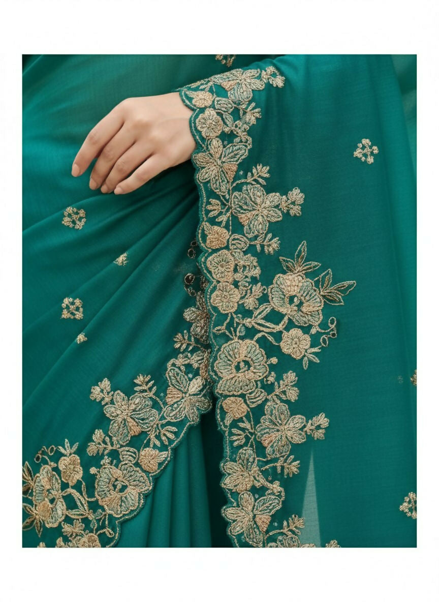 Teeya Creation New Trendy Party Wear Soft Silk Saree-Teal | Grocsy