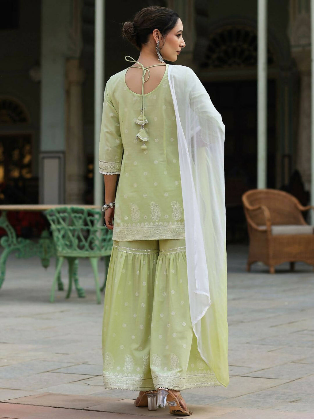 Juniper Women's Lime Green Cambric Floral Print Kurta Sharara Sets | Grocsy