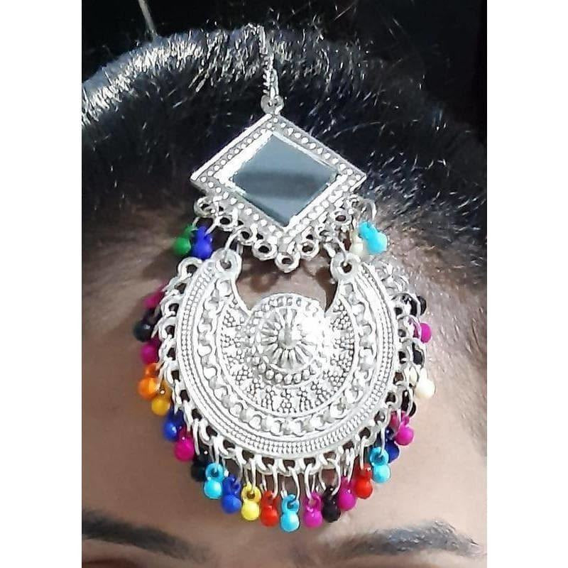 MS Fashion India Oxidized Silver Tone Indian Bridal Wear Mirror Maang Tikka | Grocsy