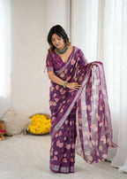 PR Fashion Purple Linen Patta Printed Saree | Grocsy