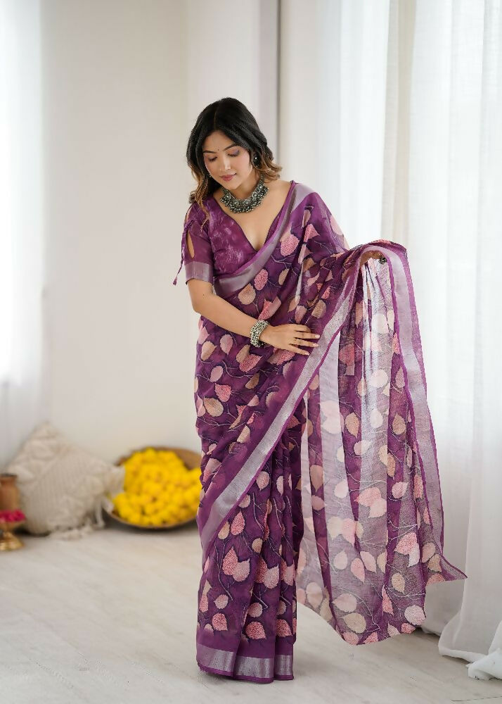 PR Fashion Purple Linen Patta Printed Saree | Grocsy