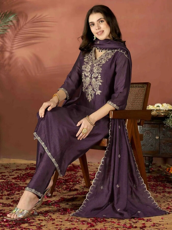The52 Wine Women's Gorgeous Vichitra Fabric Embroidered Work Straight Kurta Pant and Dupatta Set | Grocsy