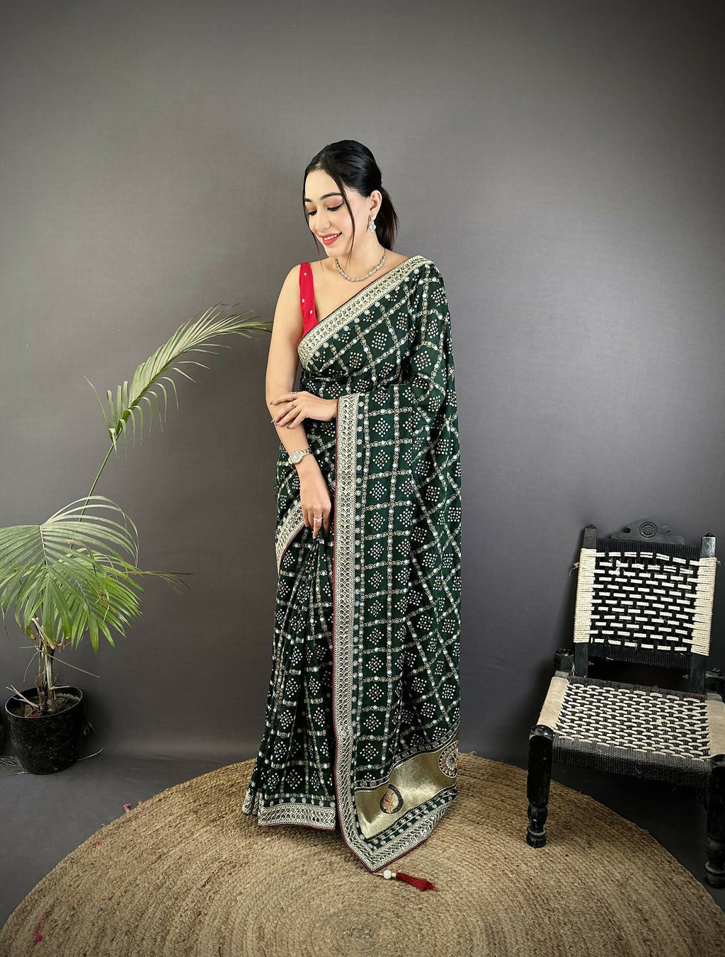 Joban Fashion Dark Green Bandhej Bandhani Vichitra Silk Bandhani Prints Saree | Grocsy