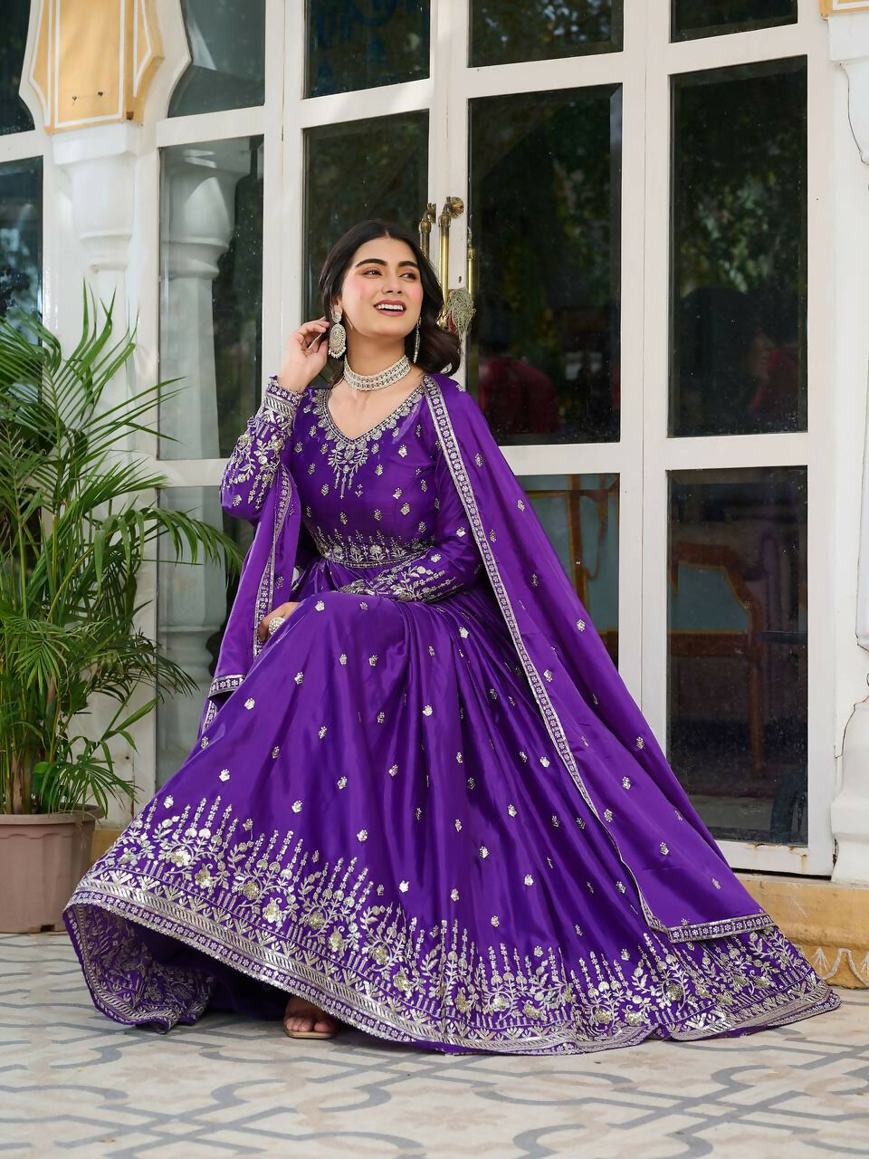 The52 Women's Beautiful American Silk Fabric Embroidery Work Flared Anarkali Pant and Dupatta Set | Grocsy