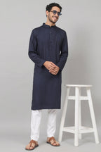 Giza Cotton Navy Blue Plain Kurta by Hilo Design | Grocsy