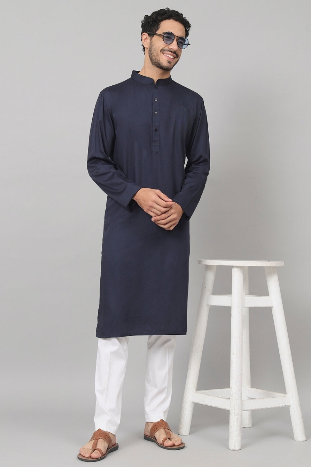 Giza Cotton Navy Blue Plain Kurta by Hilo Design | Grocsy