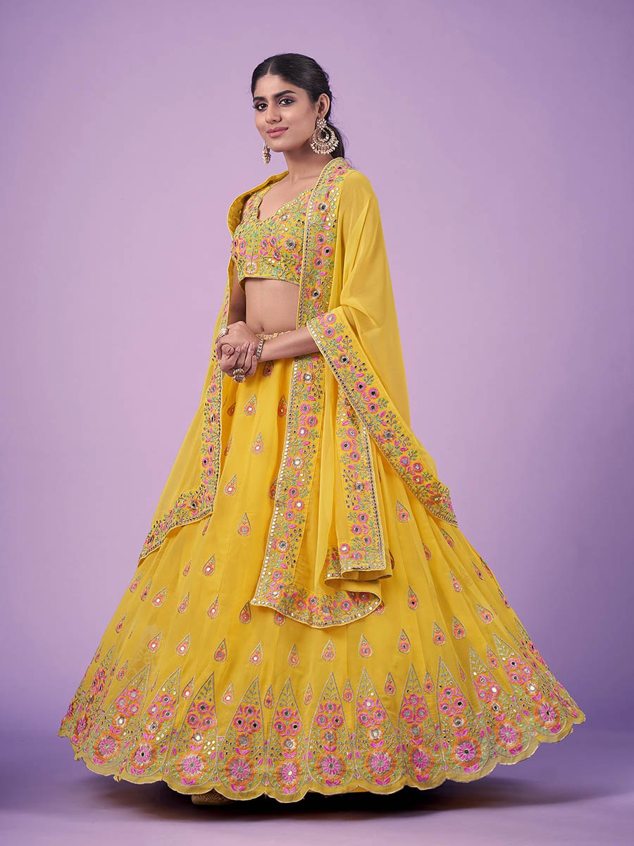 Myra Yellow Georgette Embroidered Designer Lehenga | Grocsy