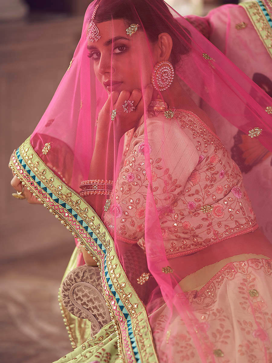 Myra Pista Green Art Silk Heavy Embroidered Lehenga | Grocsy