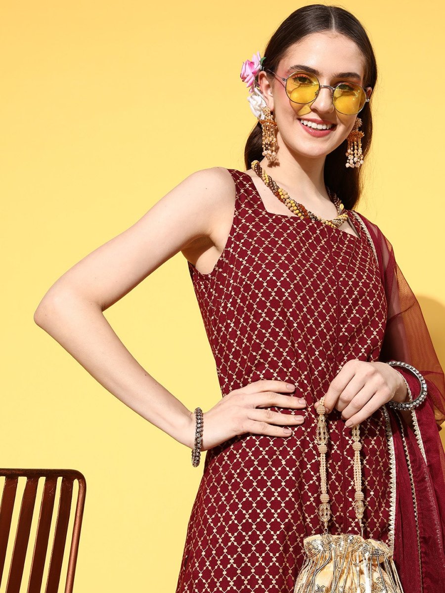 All About You Women Maroon Ethnic Motifs Printed Kurti with Fusion Bottoms & With Dupatta | Grocsy