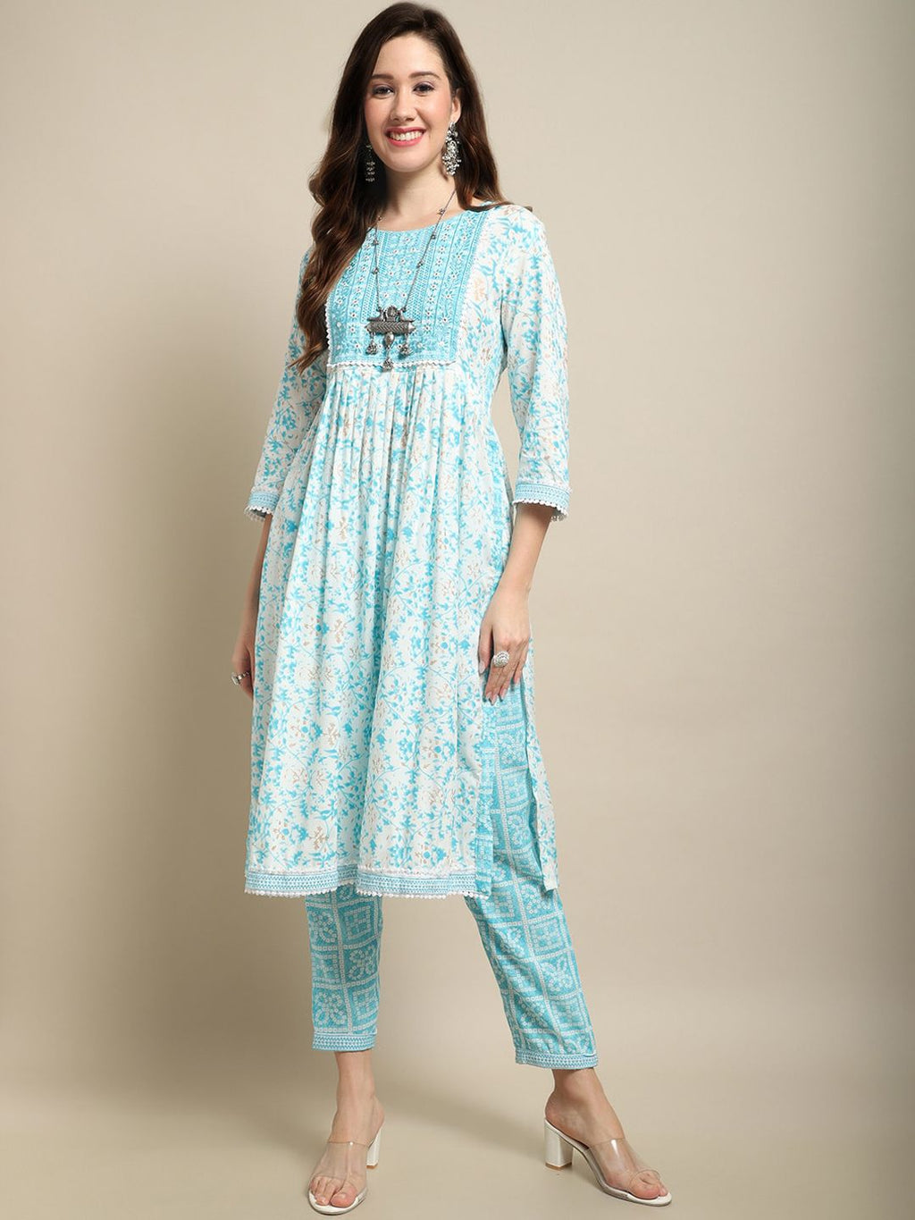 Sangria White & Blue Floral Printed Mirror Work A-Line Kurta With Trouser & Dupatta | Grocsy