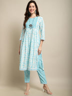 Sangria White & Blue Floral Printed Mirror Work A-Line Kurta With Trouser & Dupatta | Grocsy