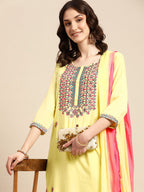 Sangria Women Ethnic Motifs Embroidered Kurta With Trousers & Dupatta | Grocsy