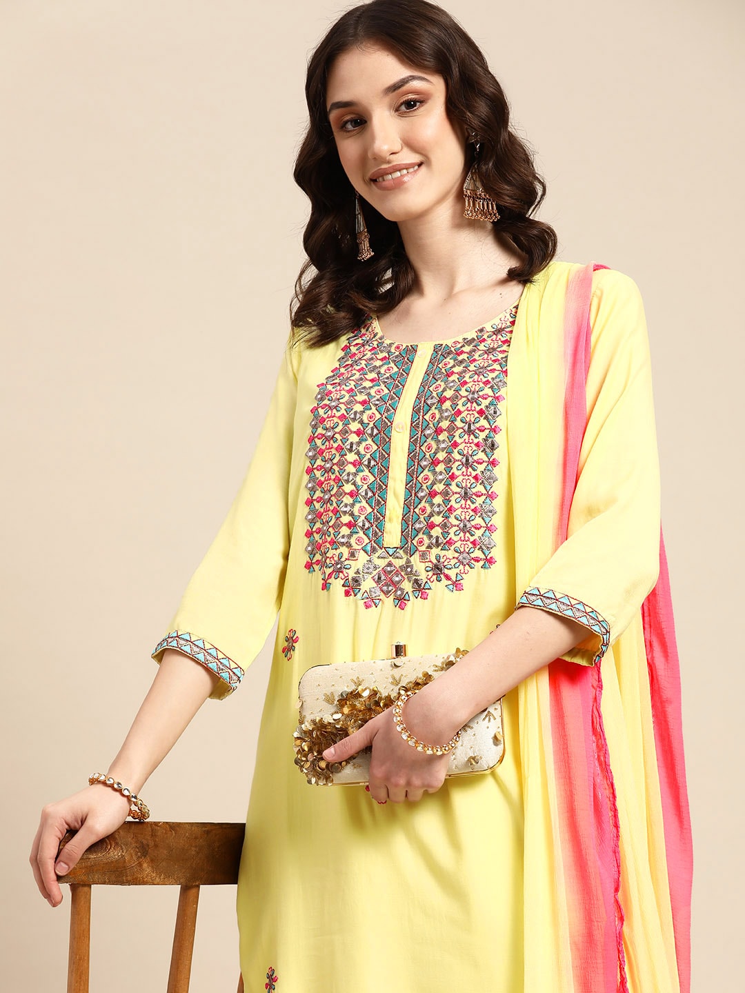 Sangria Women Ethnic Motifs Embroidered Kurta With Trousers & Dupatta | Grocsy