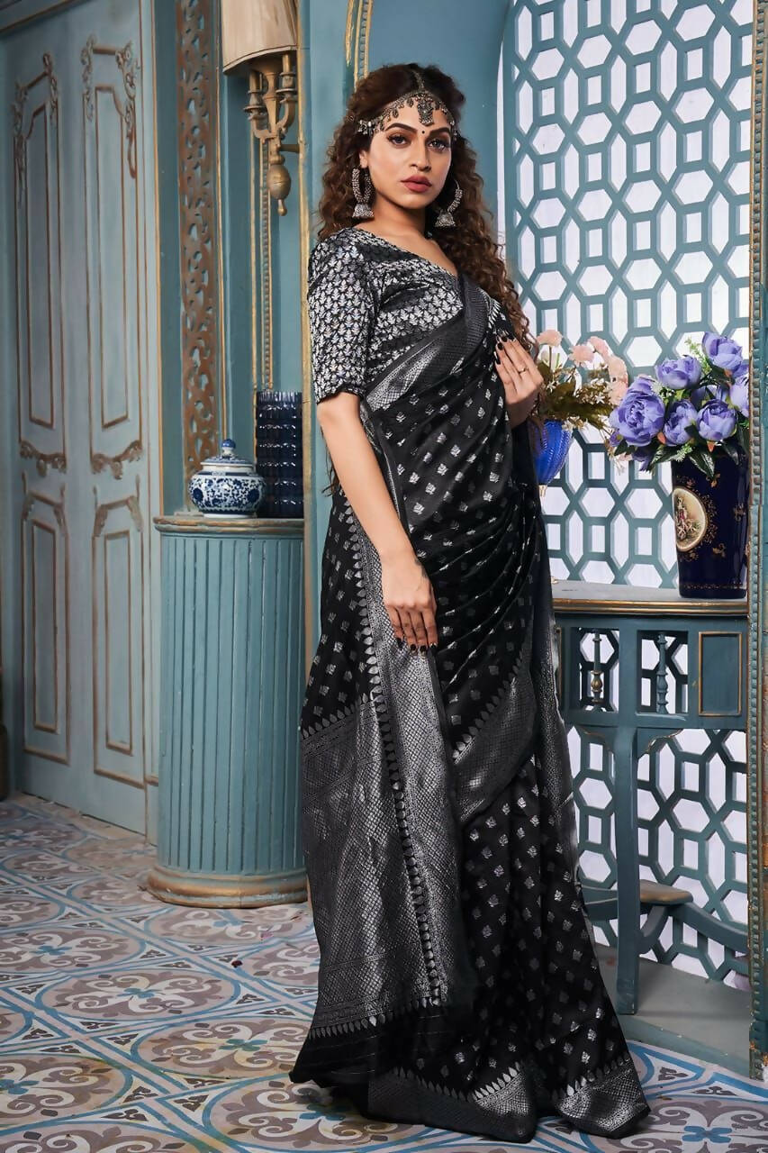 DEIANA'S Beautiful Designer Golden zari Soft Lichi Silk Saree - Black | Grocsy