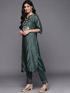 Indo Era Women Green Ethnic Motifs Embroidered Kurta with Trousers & With Dupatta | Grocsy