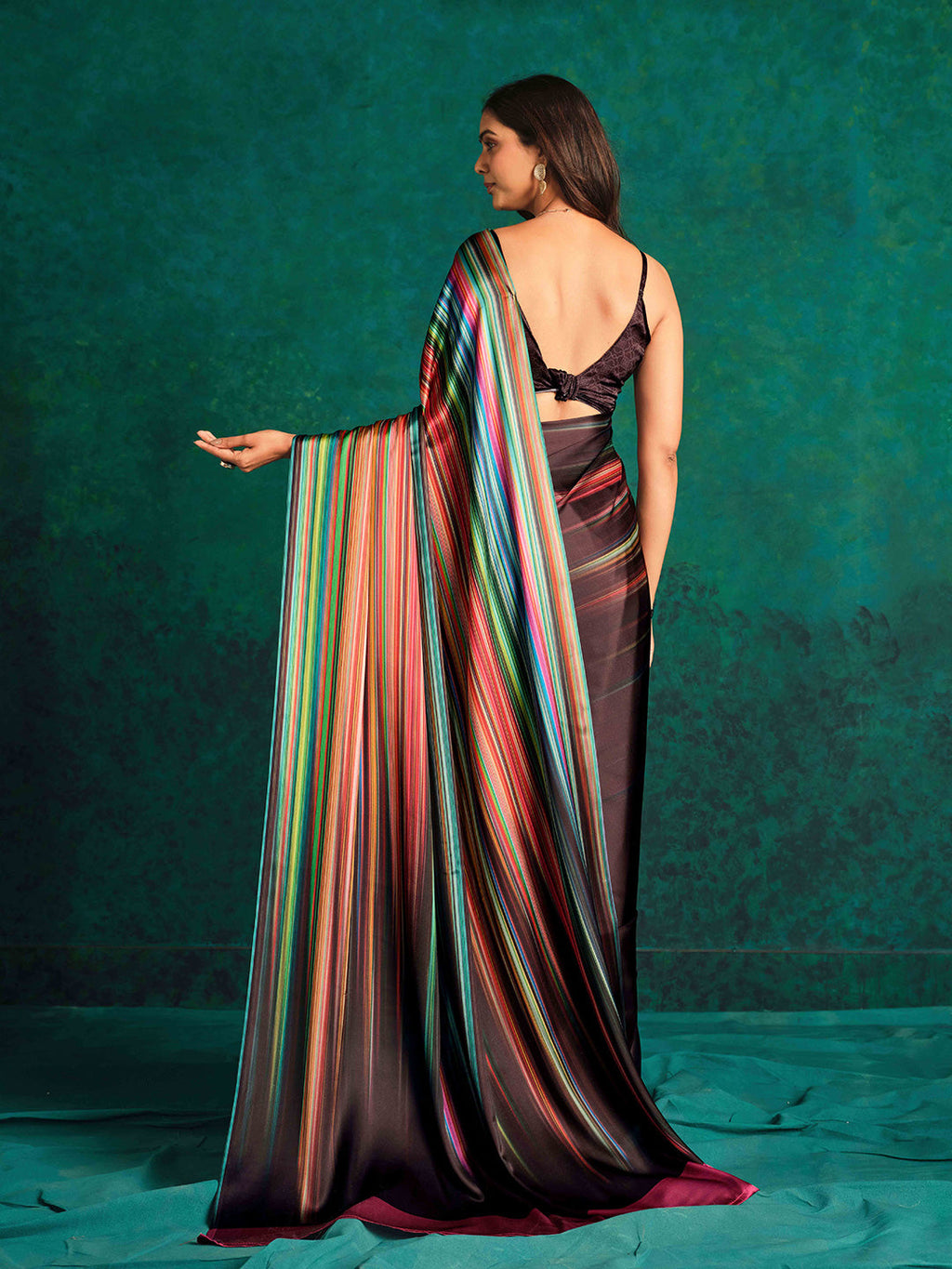 Sangria Striped Digital Printed Satin Saree | Grocsy