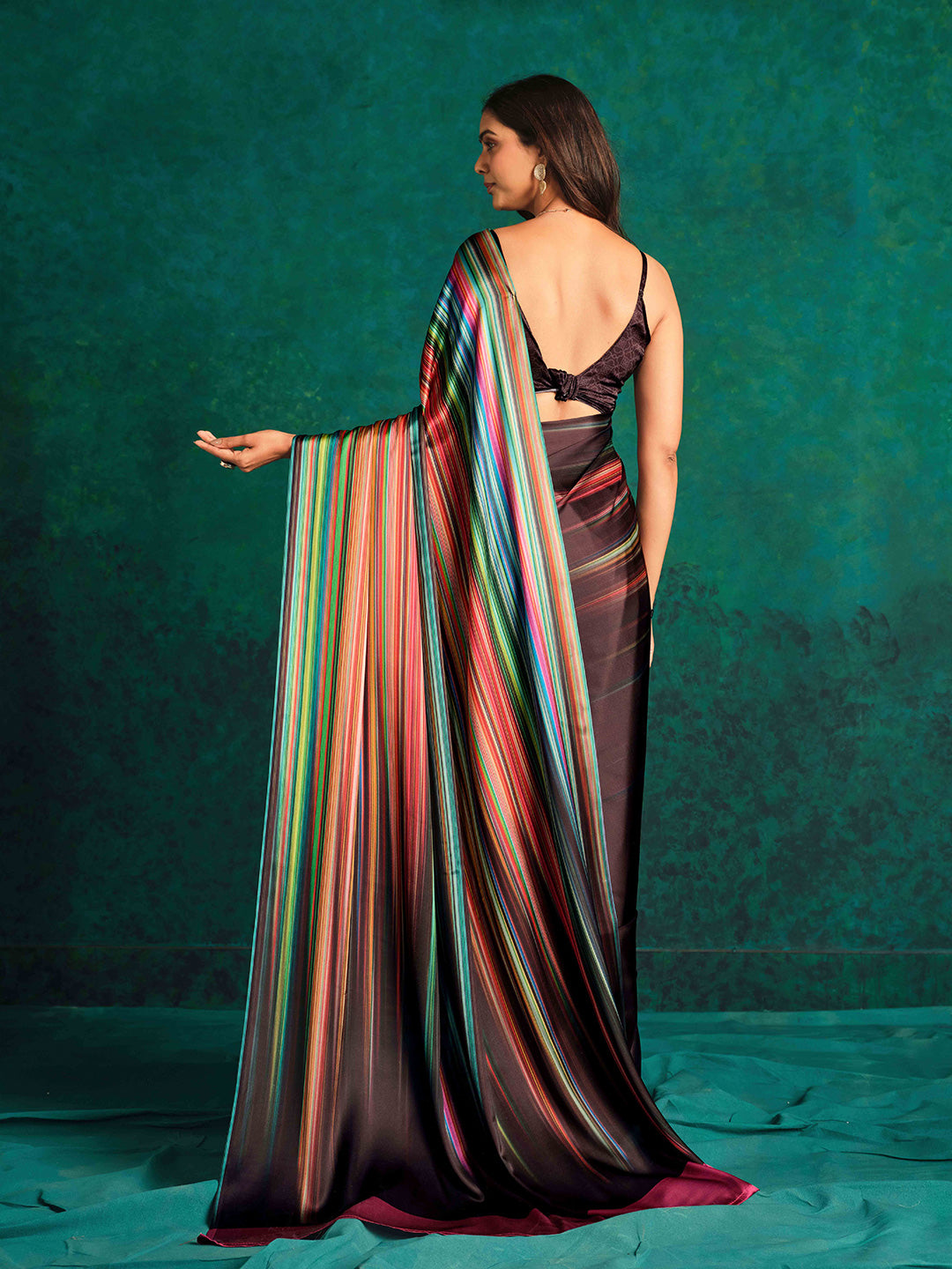 Sangria Striped Digital Printed Satin Saree | Grocsy