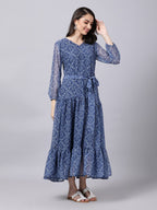 Souchii Blue Ethnic Motifs Printed Chiffon Maxi Tiered Dress | Grocsy