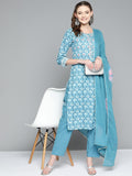 HERE&NOW Women Blue Floral Printed Thread Work Pure Cotton Kurta with Trousers & With Dupatta | Grocsy