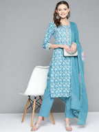 HERE&NOW Women Blue Floral Printed Thread Work Pure Cotton Kurta with Trousers & With Dupatta | Grocsy