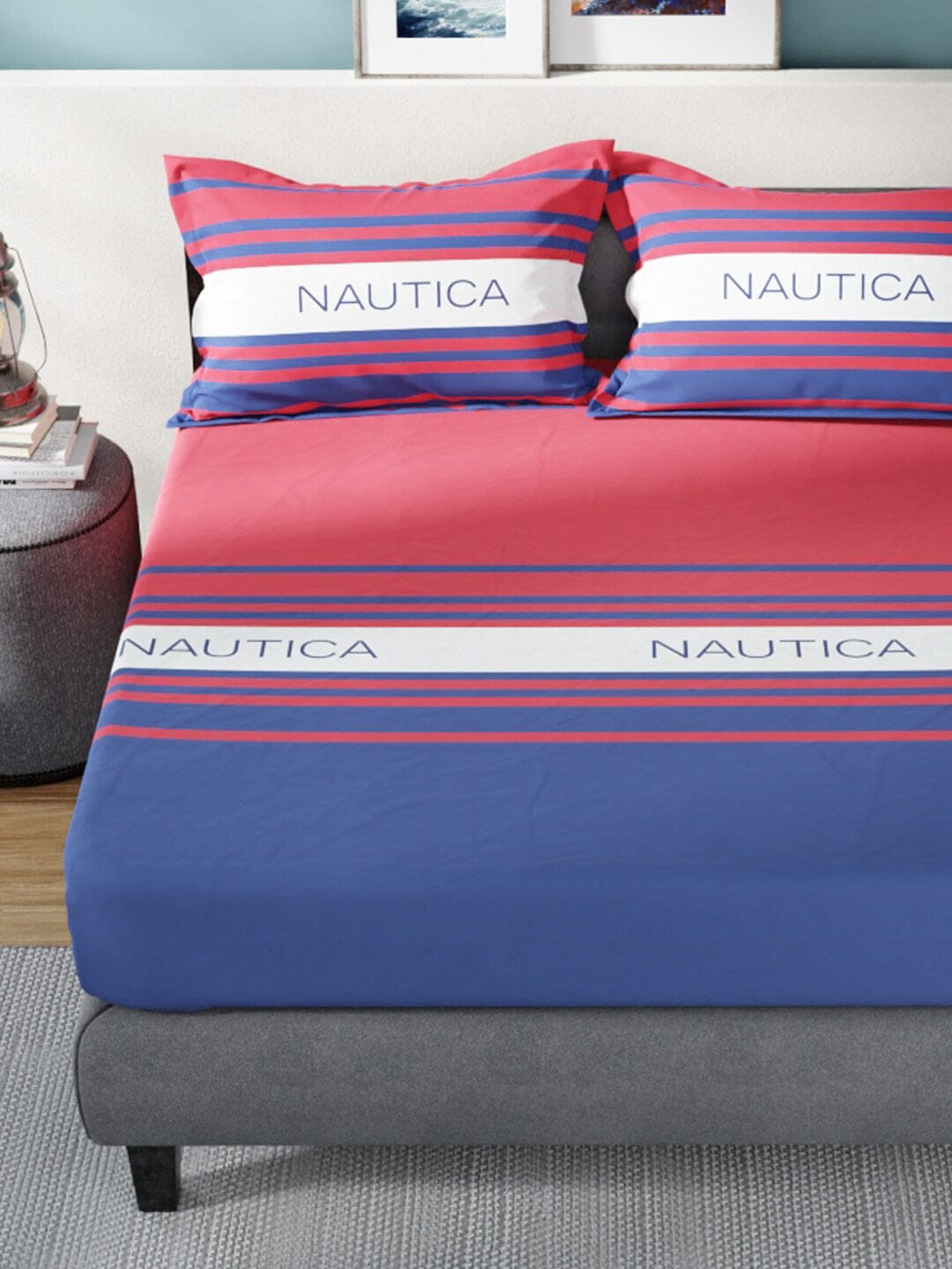 Nautica Bradford Red & Blue Striped 160 TC Pure Cotton King Bedsheet & 2 Pillow Covers | Grocsy