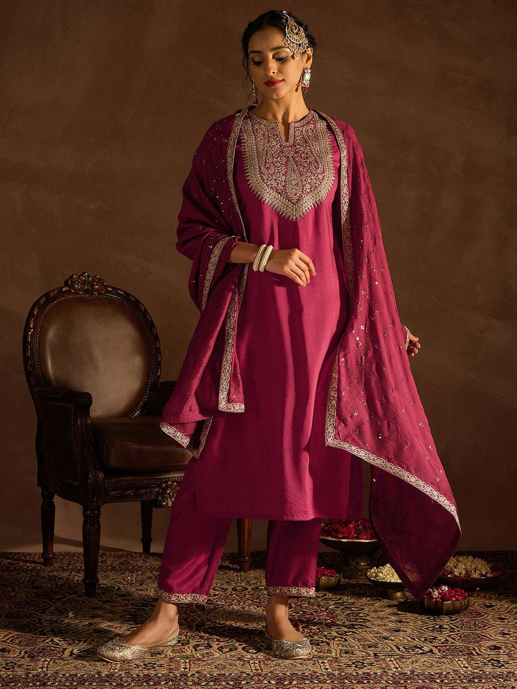 Indo Era Red Floral Embroidered Regular Kurta with Trousers & Dupatta | Grocsy