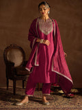 Indo Era Red Floral Embroidered Regular Kurta with Trousers & Dupatta | Grocsy