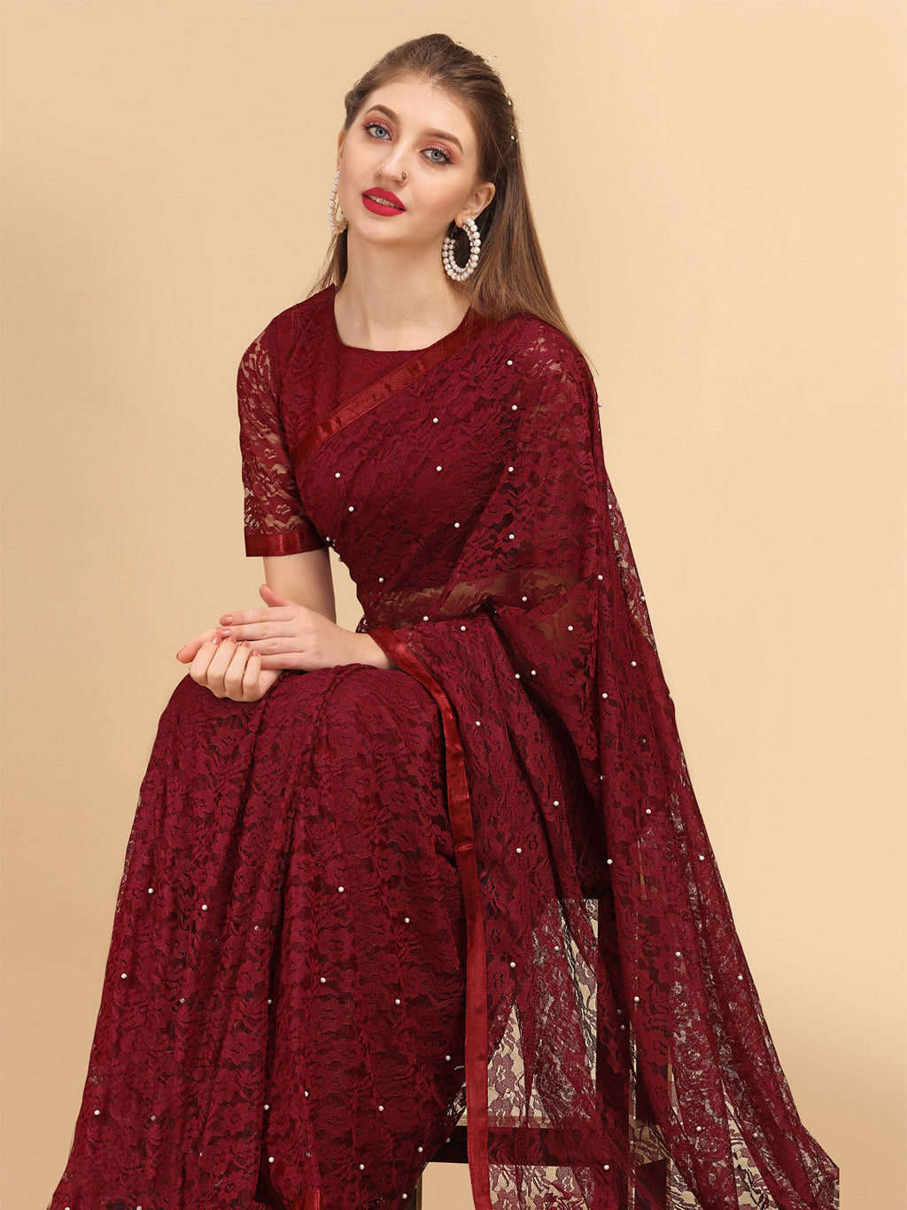 Sangria Maroon Floral Self Design Lace Saree | Grocsy