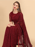 Sangria Maroon Floral Self Design Lace Saree | Grocsy