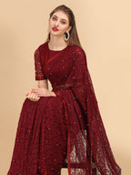 Sangria Maroon Floral Self Design Lace Saree | Grocsy
