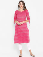 Janasya Women Pink & White Printed Straight Kurta | Grocsy