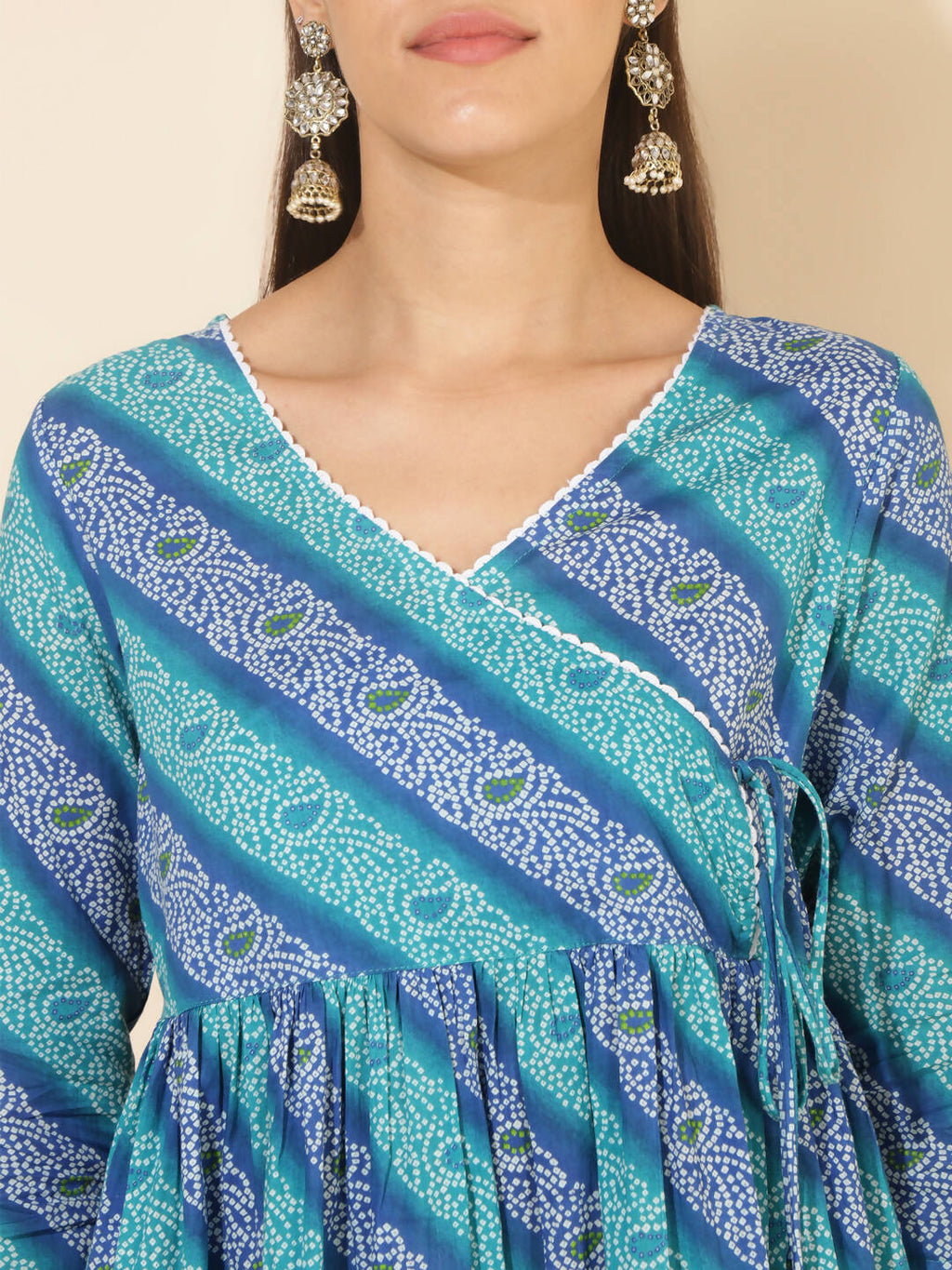 Janasya Women's Blue Cotton Bandhani Printed Casual Angrakha Co-ords | Grocsy