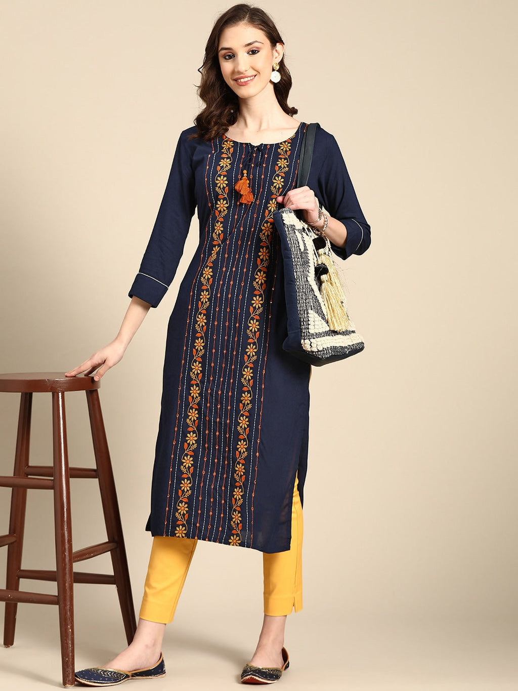 Sangria Women Navy Blue Floral Embroidered Floral Kurta | Grocsy