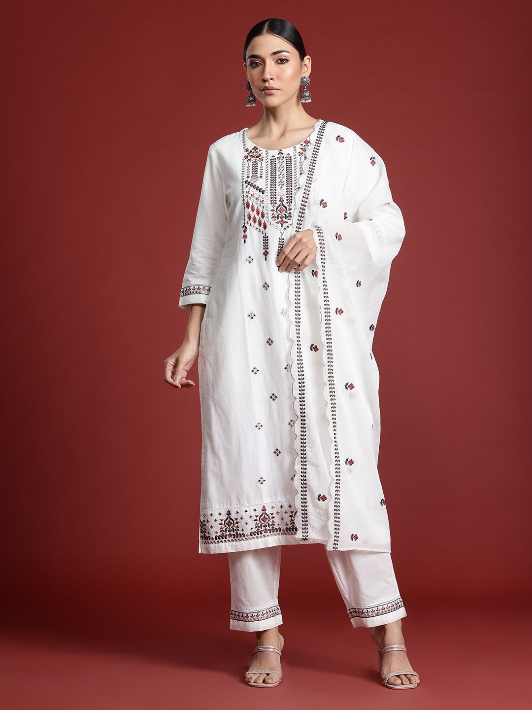 Indo Era Floral Embroidered Thread Work Pure Cotton Kurta with Trousers & With Dupatta | Grocsy