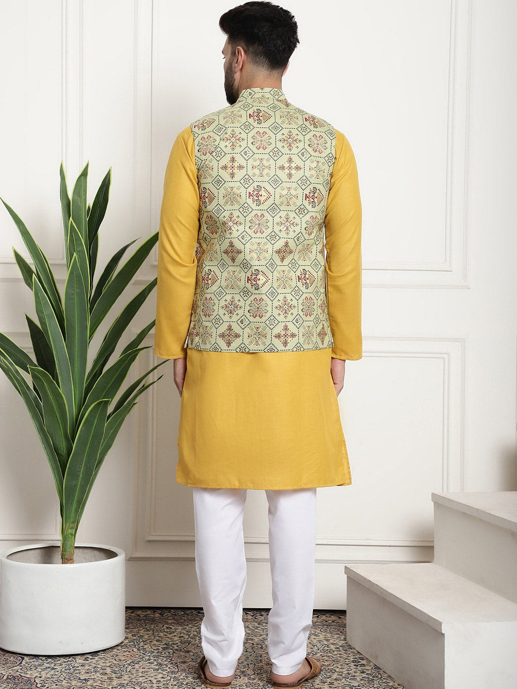 Sojanya Men Mustard Yellow Pure Cotton Kurta with Churidar & Nehru Jacket | Grocsy