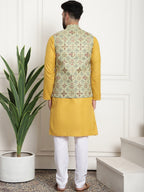 Sojanya Men Mustard Yellow Pure Cotton Kurta with Churidar & Nehru Jacket | Grocsy