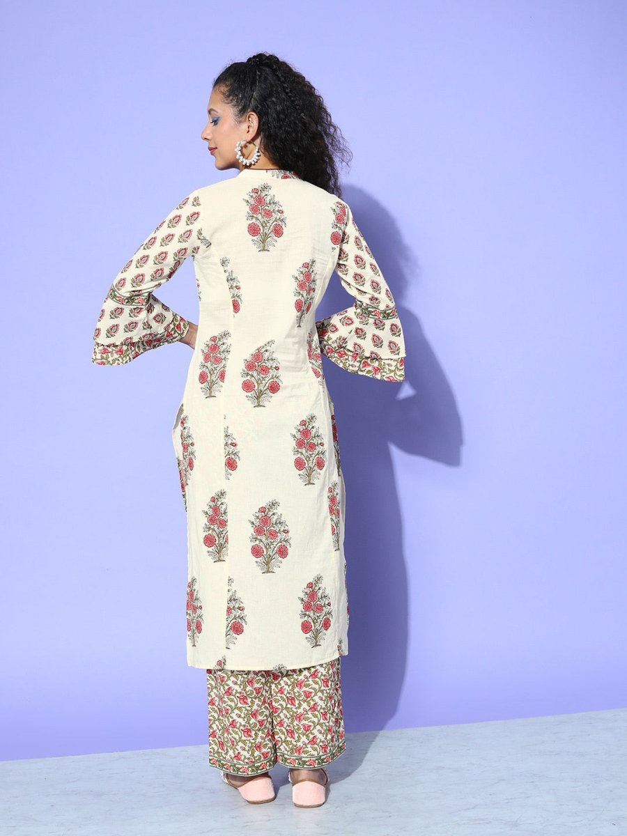 All About You Cream-Coloured Floral Printed Pure Cotton Kurta With Trousers | Grocsy