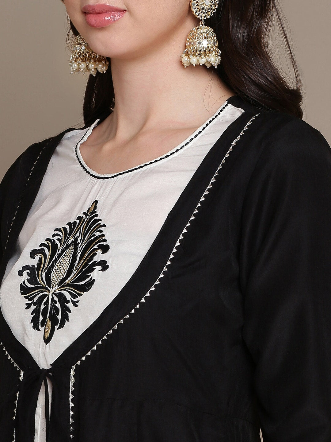 HERE&NOW Ethnic Motifs Embroidered Layered A-Line Cotton Kurta | Grocsy
